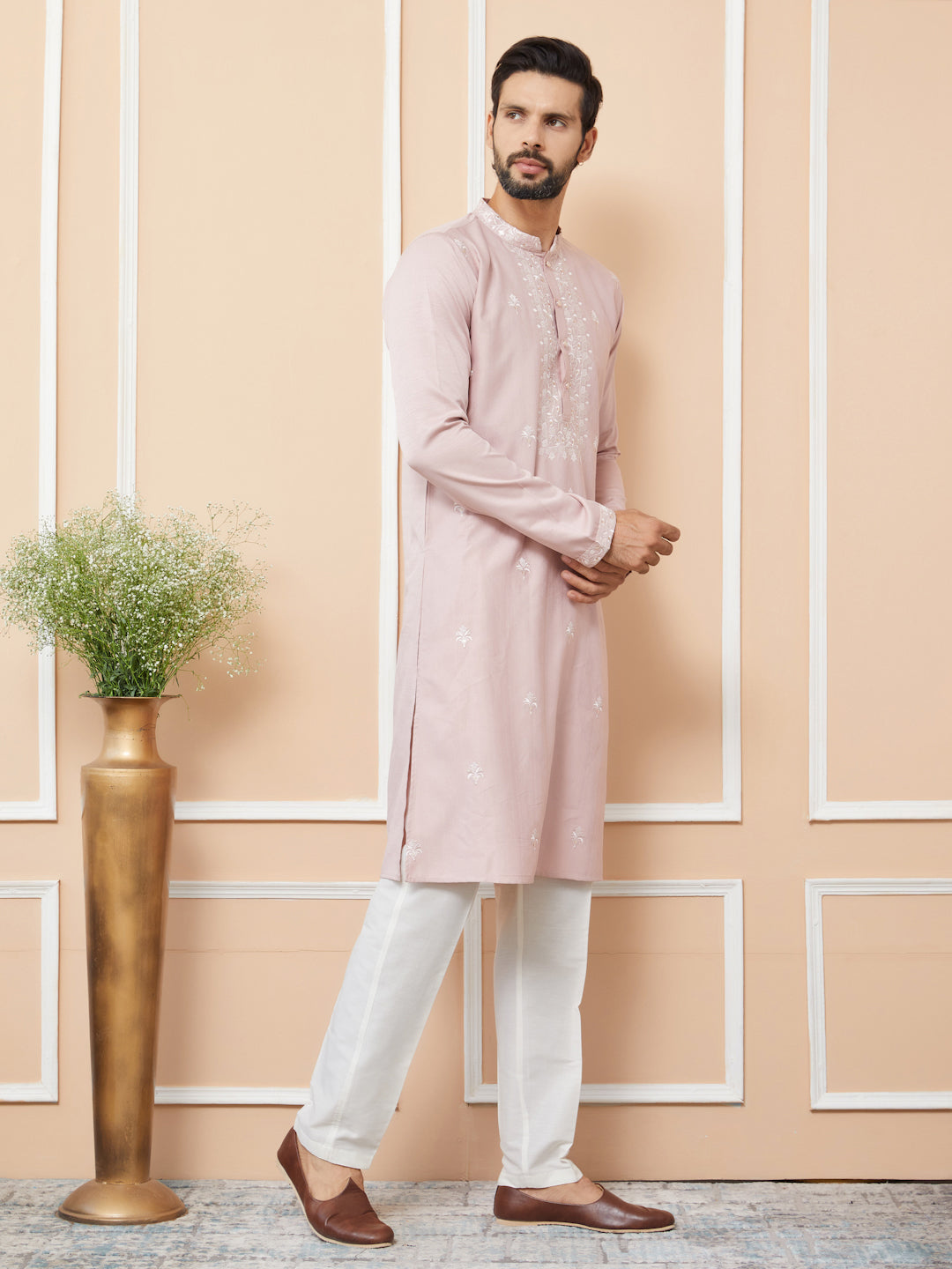 Peach Embroidered Zara Silk Straight Kurta with Pyjama