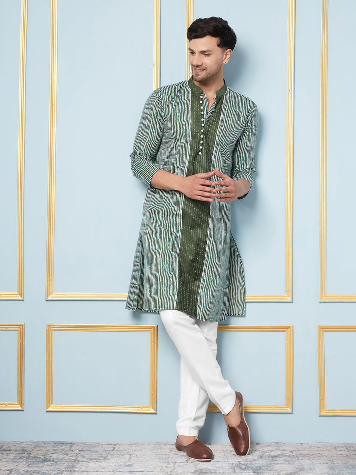 Green Striped Printed Kurta With Pyjama