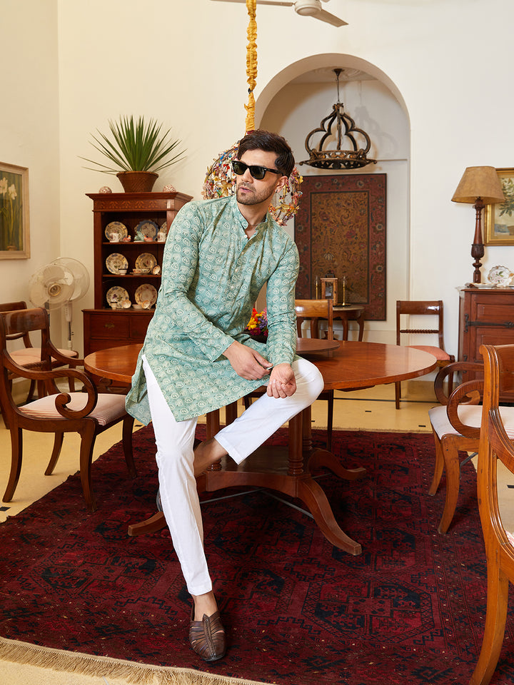 Leaf Printed Pure Cotton Straight Kurta with Pyjama