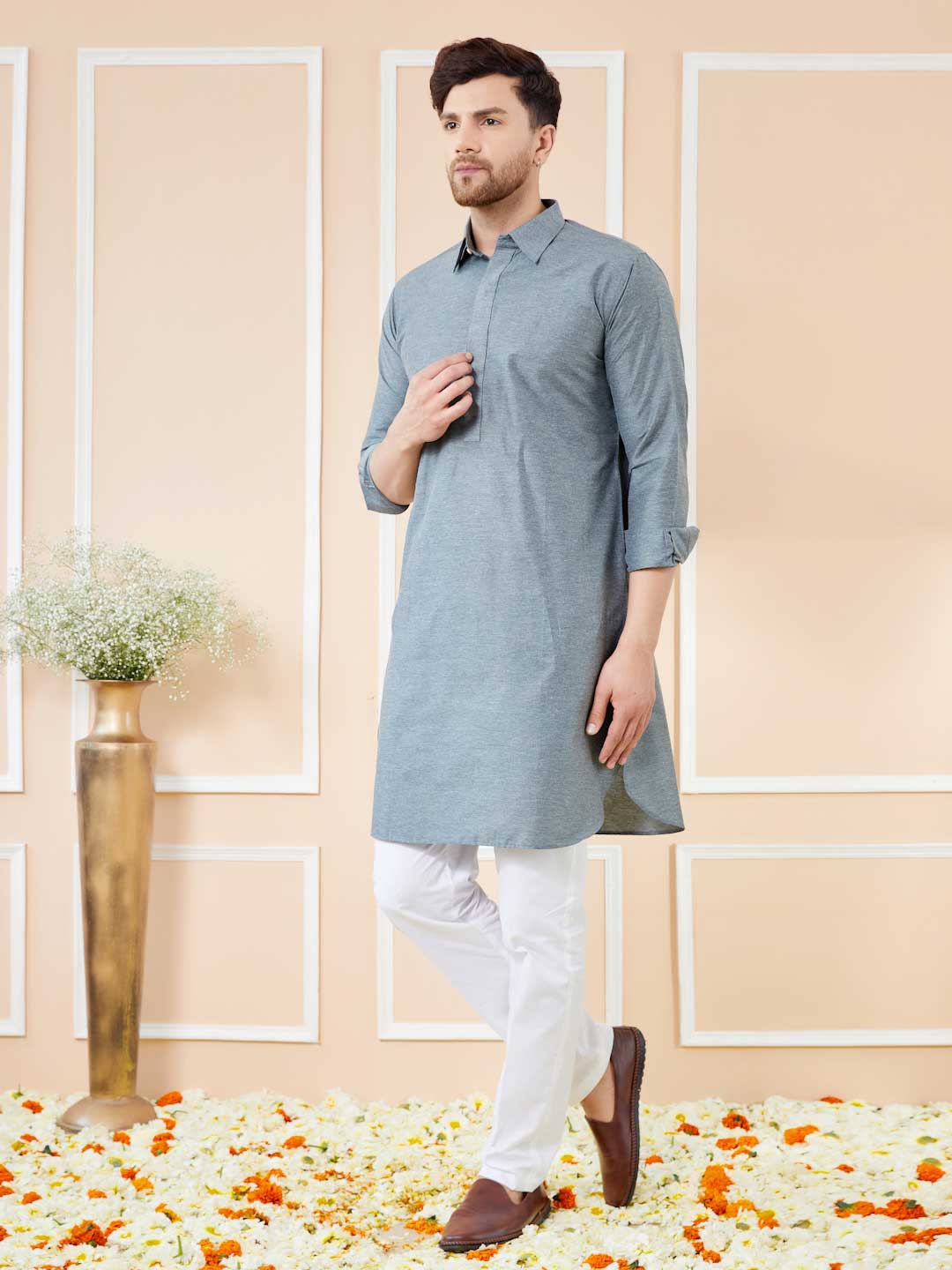 Grey Cotton Solid Pathani Kurta with Pyjama