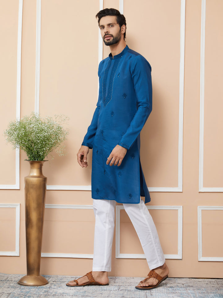 Dark Blue Embroidered Chanderi Silk Straight Kurta with Pyjama