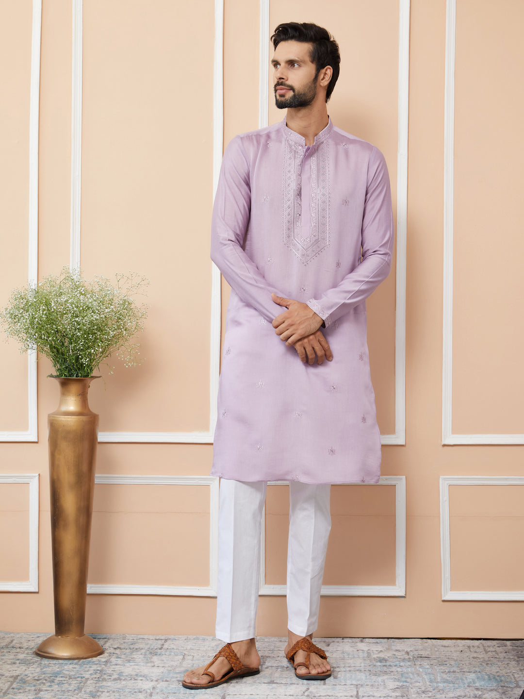 Lavender Embroidered Chanderi Silk Straight Kurta