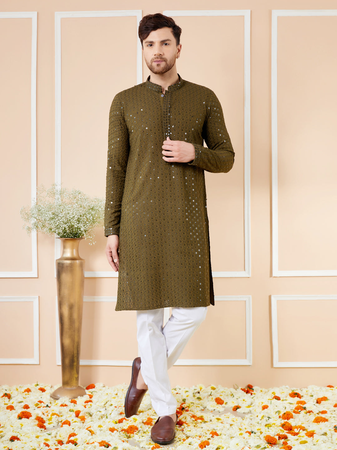 Olive Sequins Embroidered Rayon Kurta