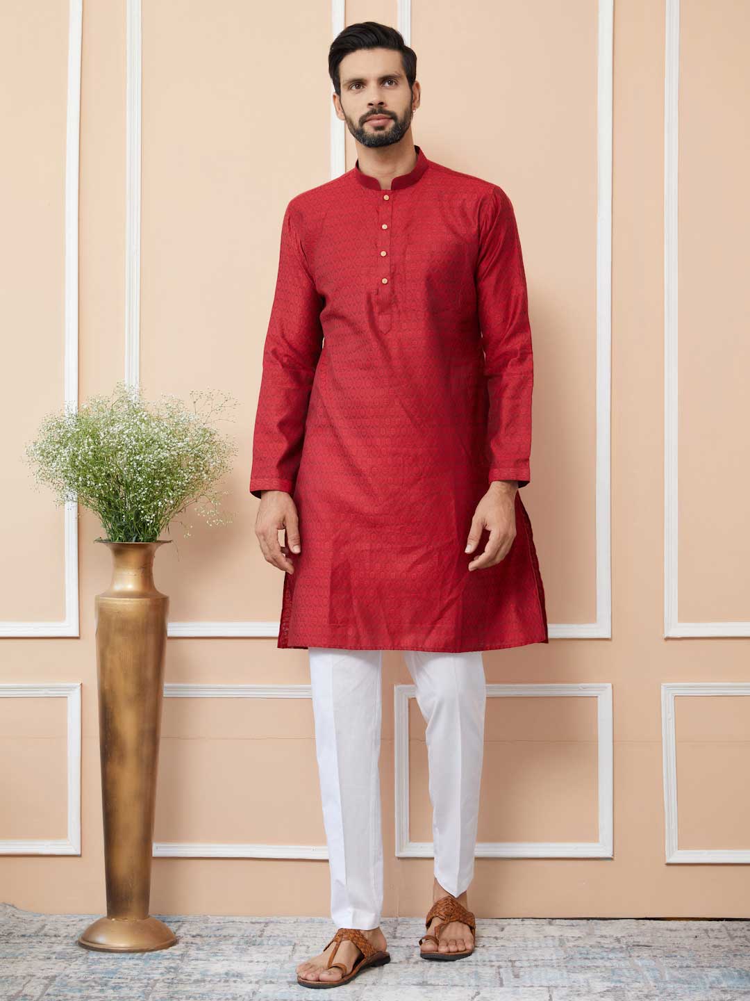 Red Ethnic Motifs Silk Jacquard Woven Design Straight Kurta