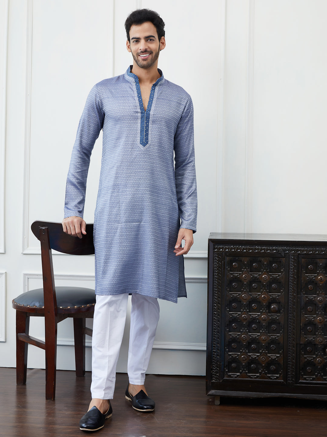 Thread Worked Pure Cotton Straight Kurta With Embroidered Sequin Neck Design