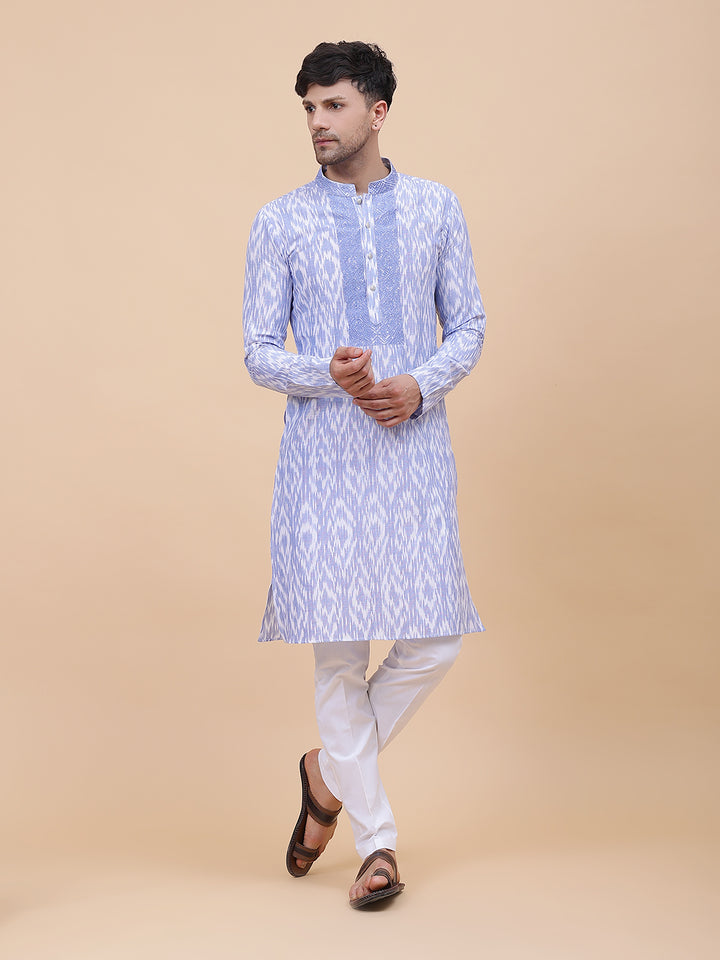 Printed Ikat Pure Cotton Straight Kurta with Embroidered Neck Design and Pyjama