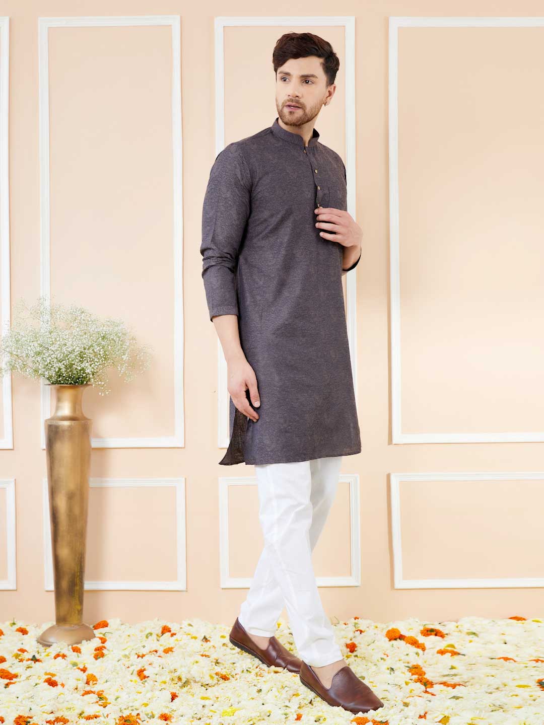 Black Ethnic Motifs Silk Floral Design Straight Kurta