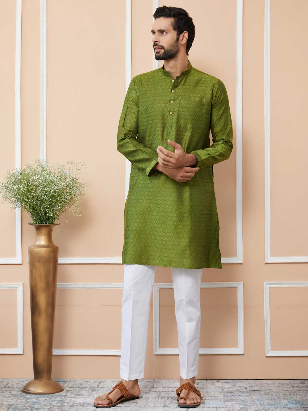 Green Ethnic Motifs Silk Jacquard Woven Design Straight Kurta