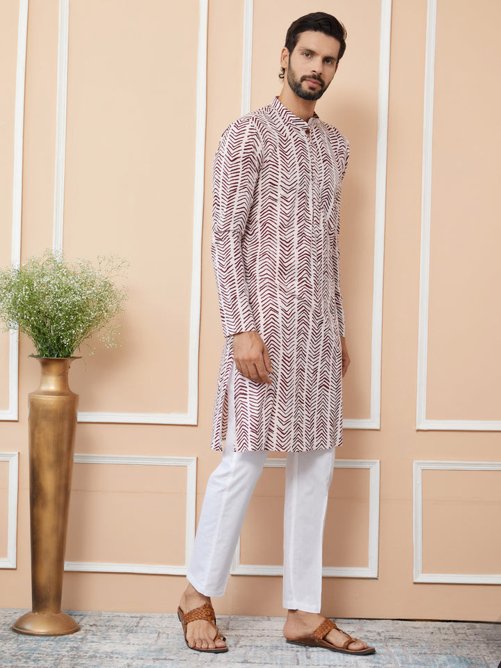 Baby Pink-Brown Printed Pure Cotton Straight Kurta with Pyjama