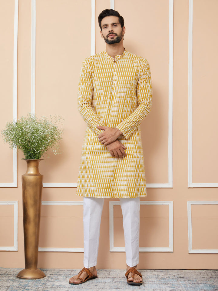 Yellow Printed Pure Cotton Straight Kurta