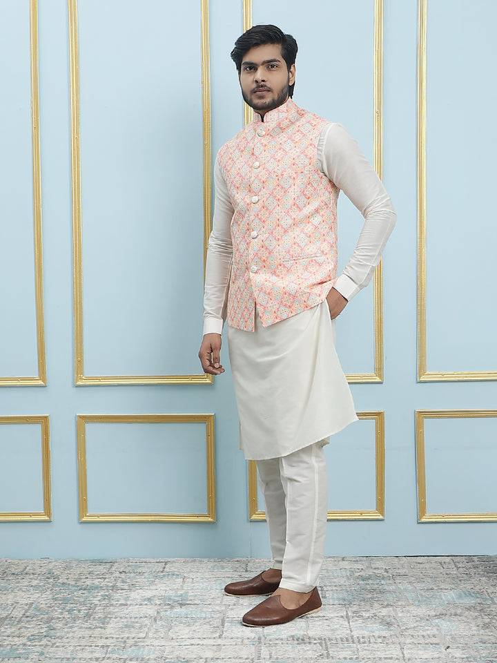 Pure Silk Kurta & Pyjama with Sequins Embroidered Nehru Jacket