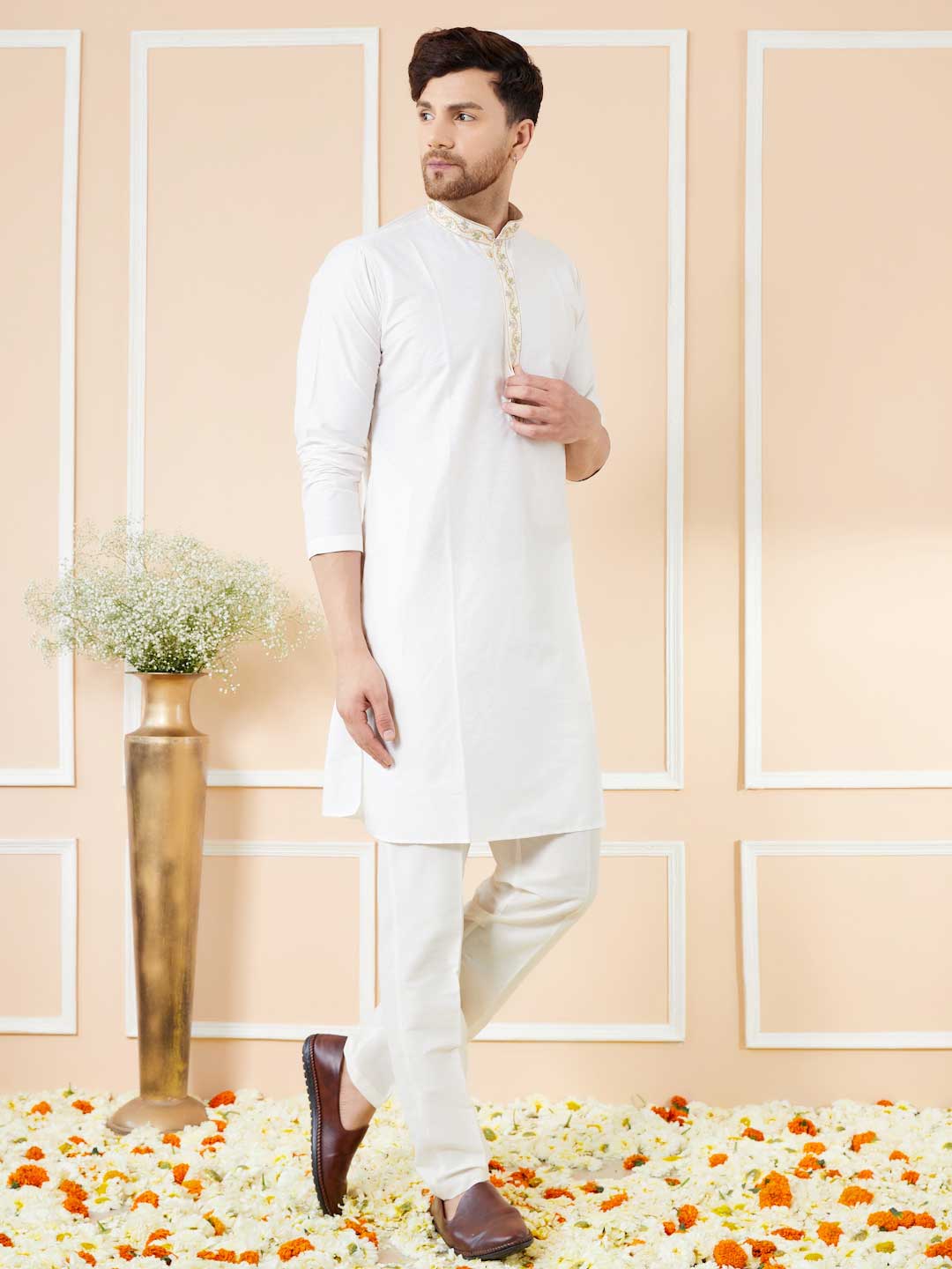 Cream Solid Cotton Straight Kurta with Emboridered neckline and with Pyjama