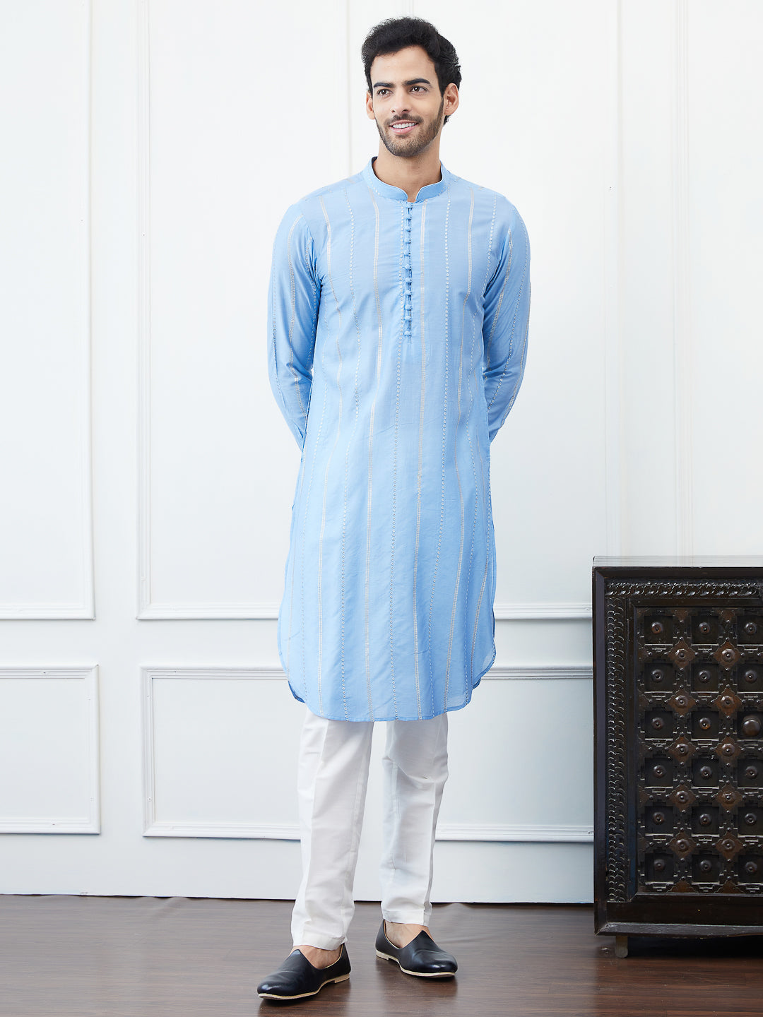 Sequins Embroidered Chanderi Silk Straight Kurta with Pyjama