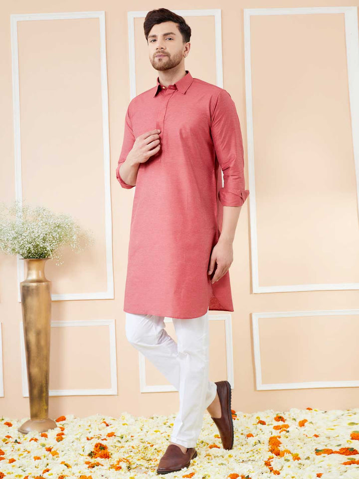 Red Cotton Solid Pathani Kurta with Pyjama