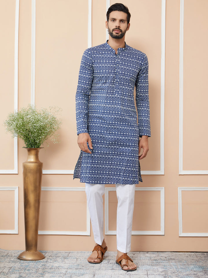 Blue Printed Pure Cotton Straight Kurta with Pyjama