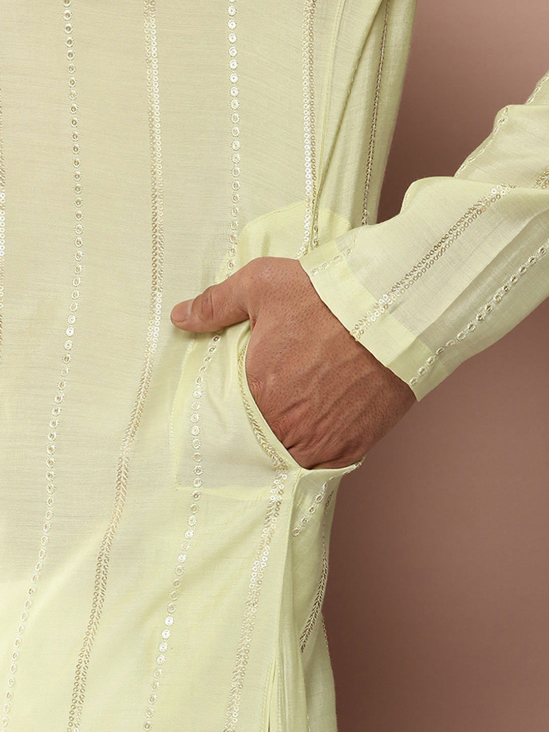 Cream Chanderi Silk Kurta with Sequin Embroidery, Paired with Pyjama