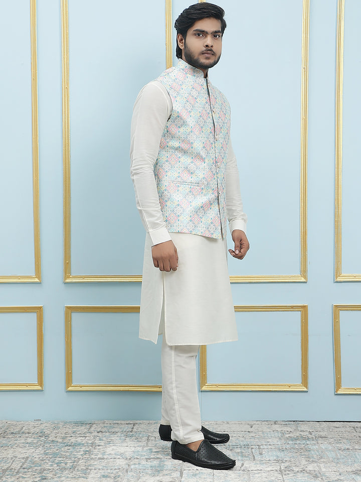 Pure Silk Kurta & Pyjama with Sequins Embroidered Nehru Jacket