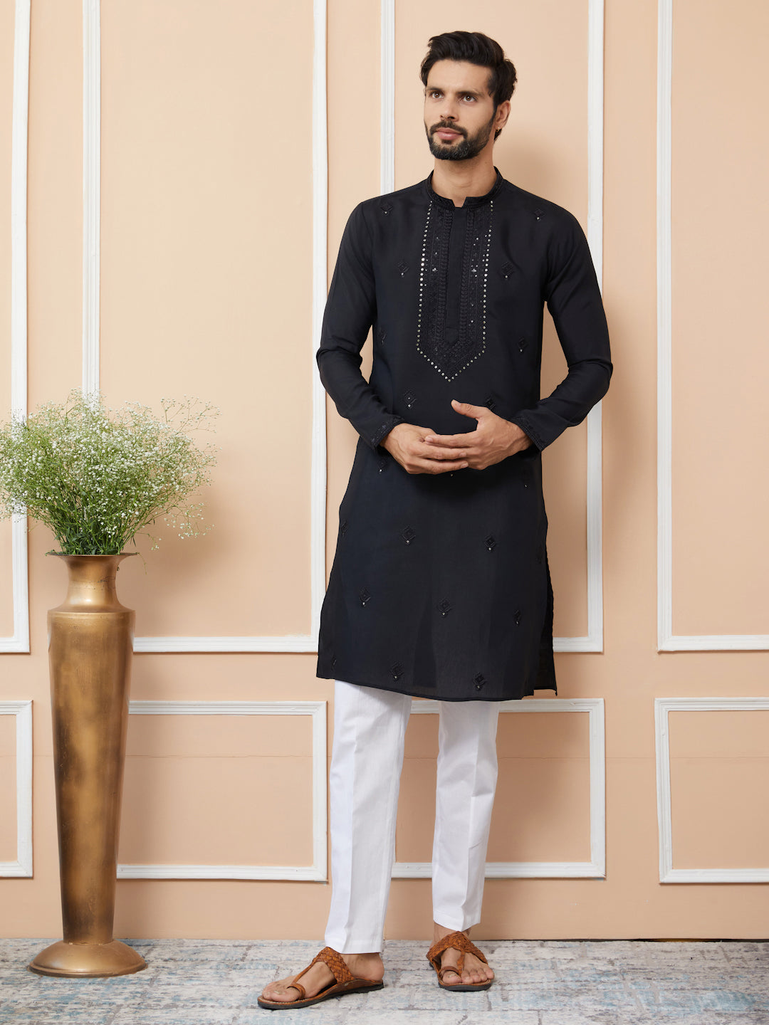 Black Embroidered Chanderi Silk Straight Kurta