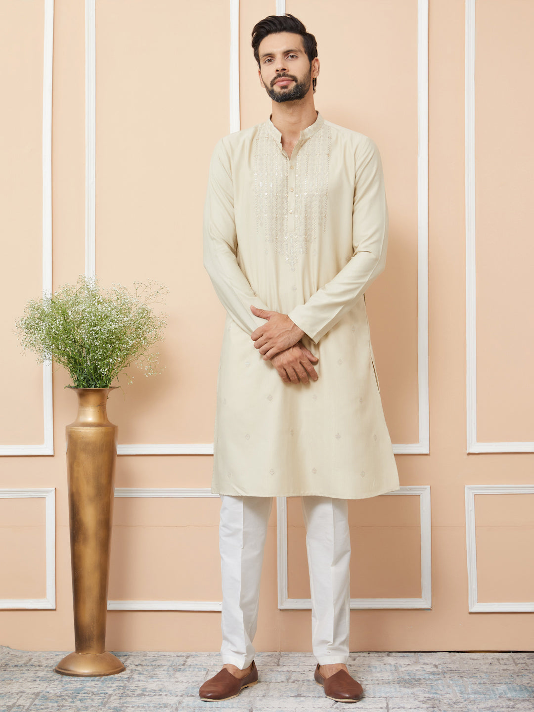 Beige Embroidered Zara Silk Straight Kurta