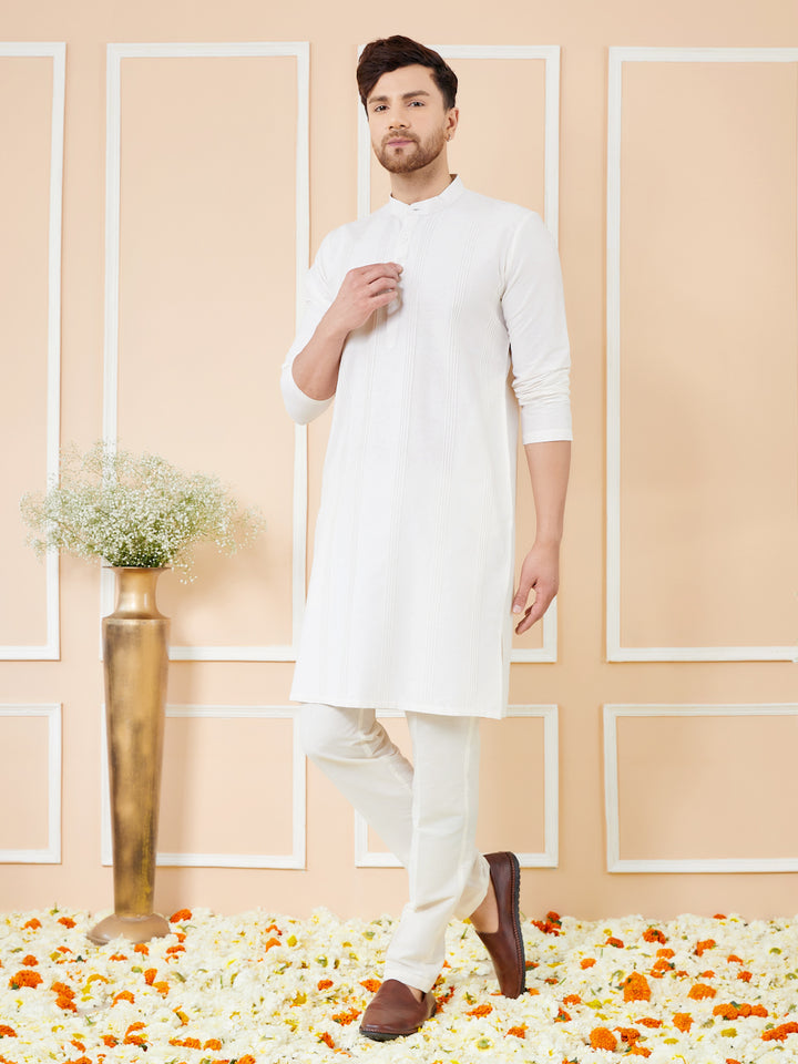 White Pintuck Worked Cotton Solid Straight Kurta with Pyjama