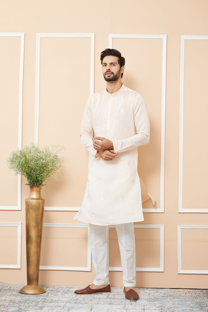 Peach Embroidered Chanderi Silk Straight Kurta with Pyjama