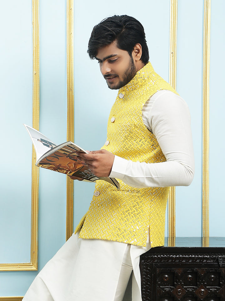 Pure Silk Kurta & Pyjama with Sequins Embroidered Nehru Jacket