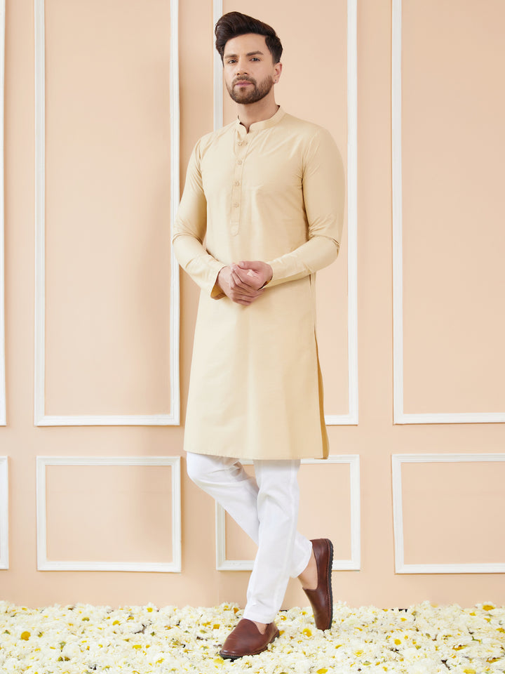 Cream Cotton Solid Straight Kurta with Pyjama