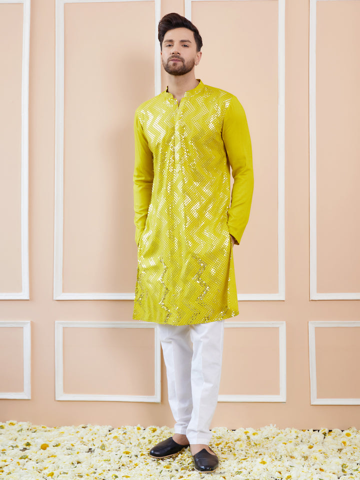 Men Lime Green Sequins Embroidered Chanderi Silk Straight Kurta