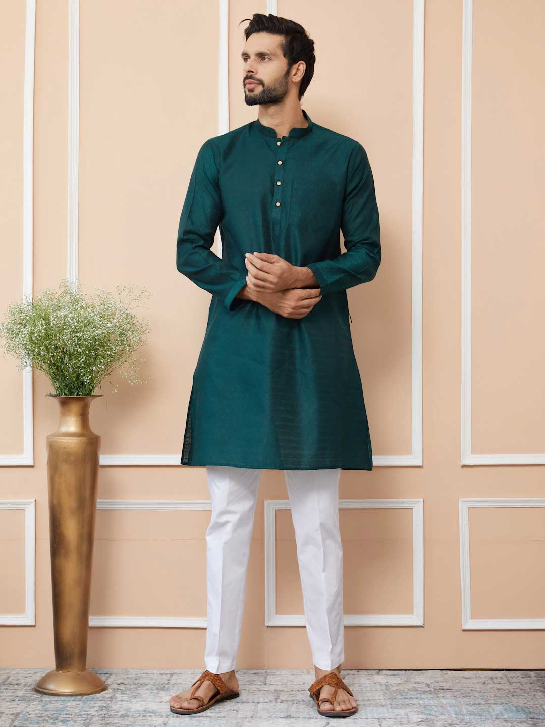 Dark Green Ethnic Motifs Silk Jacquard Woven Design Straight Kurta