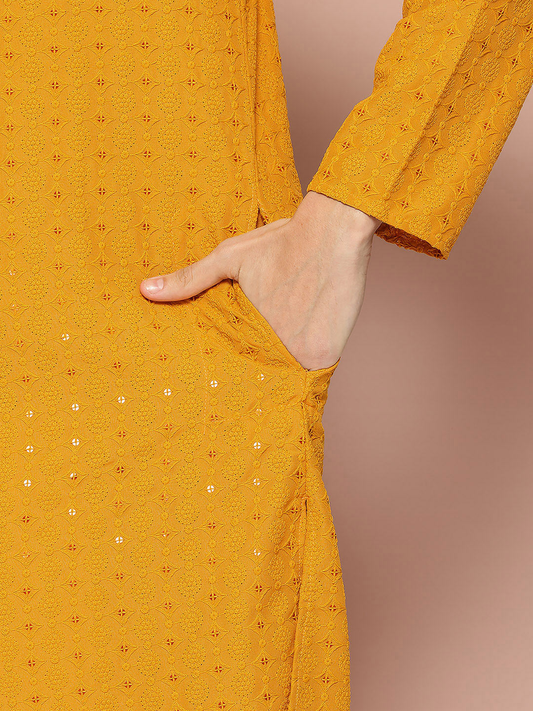 Men's Mustard Sequin Embroidered Rayon Kurta, Paired with Pyjama