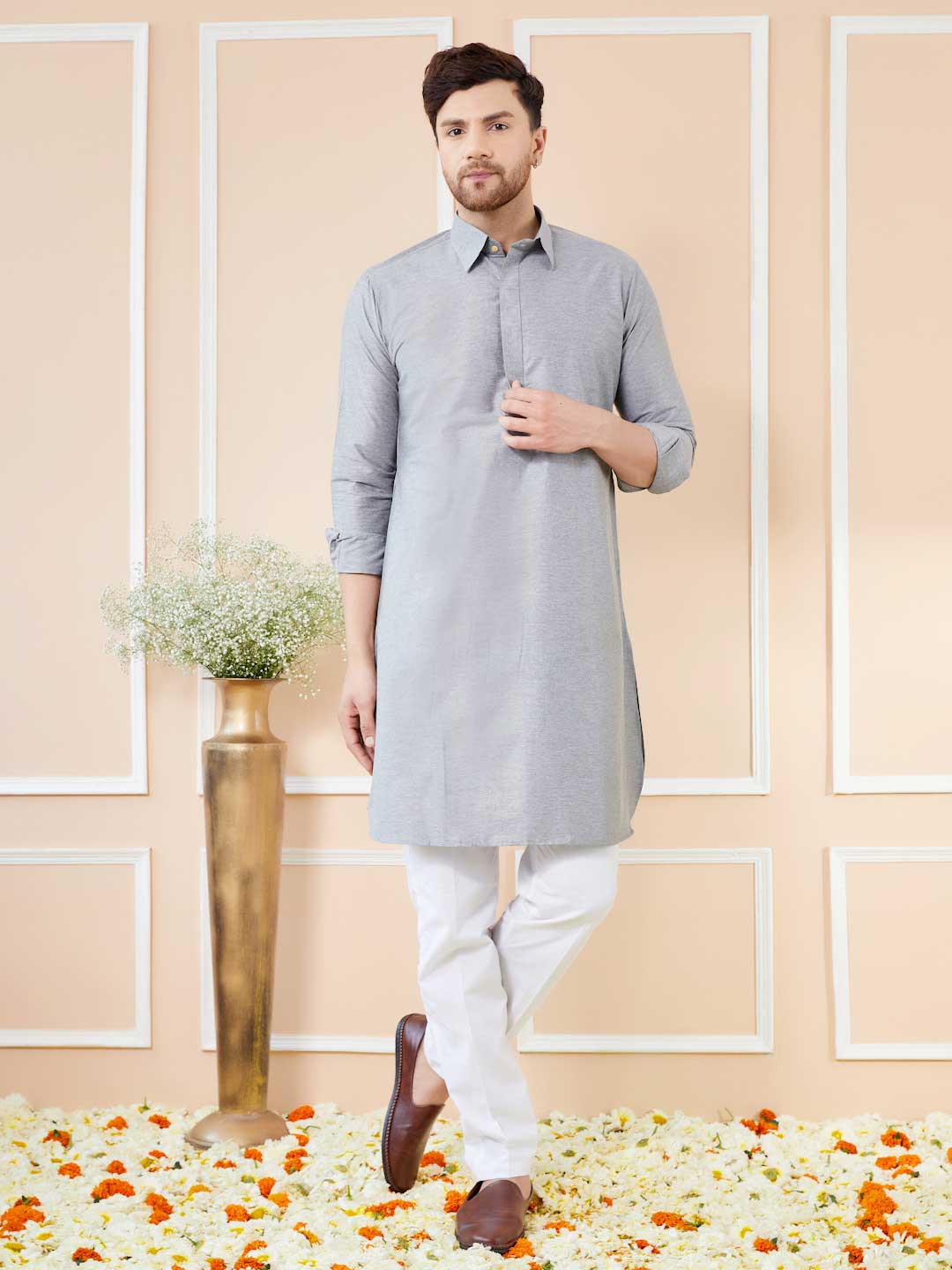 Grey Cotton Solid Pathani Kurta