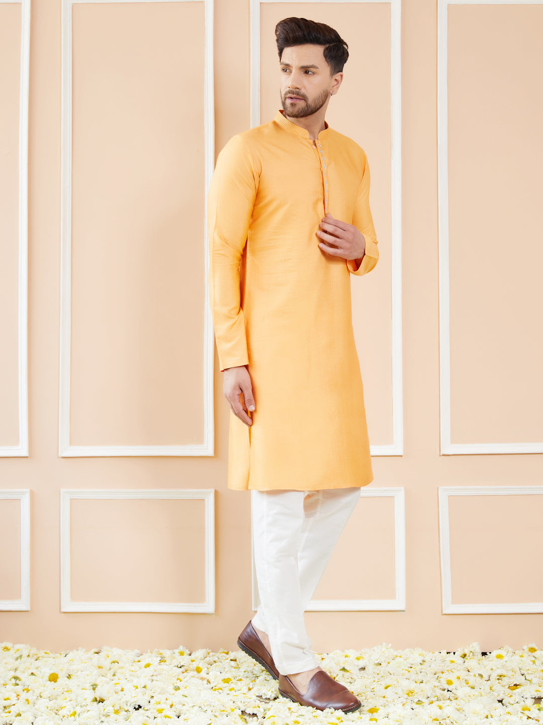 Peach Orange Chanderi Silk Straight Kurta with Embroidered Neckline