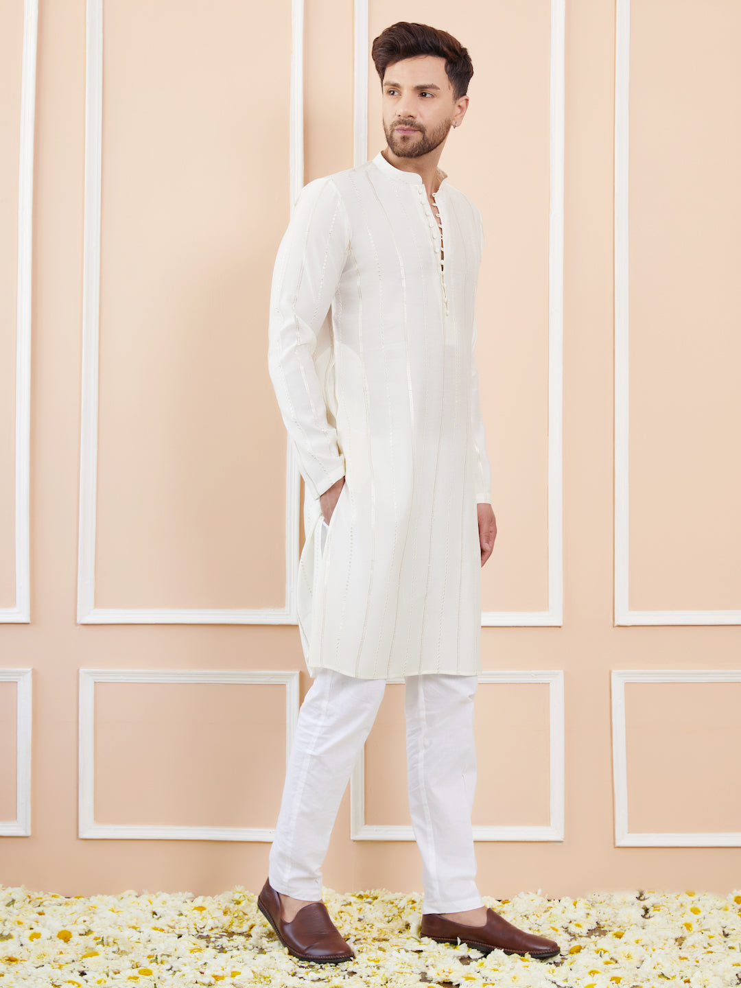 Off White and Gold Sequins Embroidered Chanderi Silk Straight Kurta With Pyjama