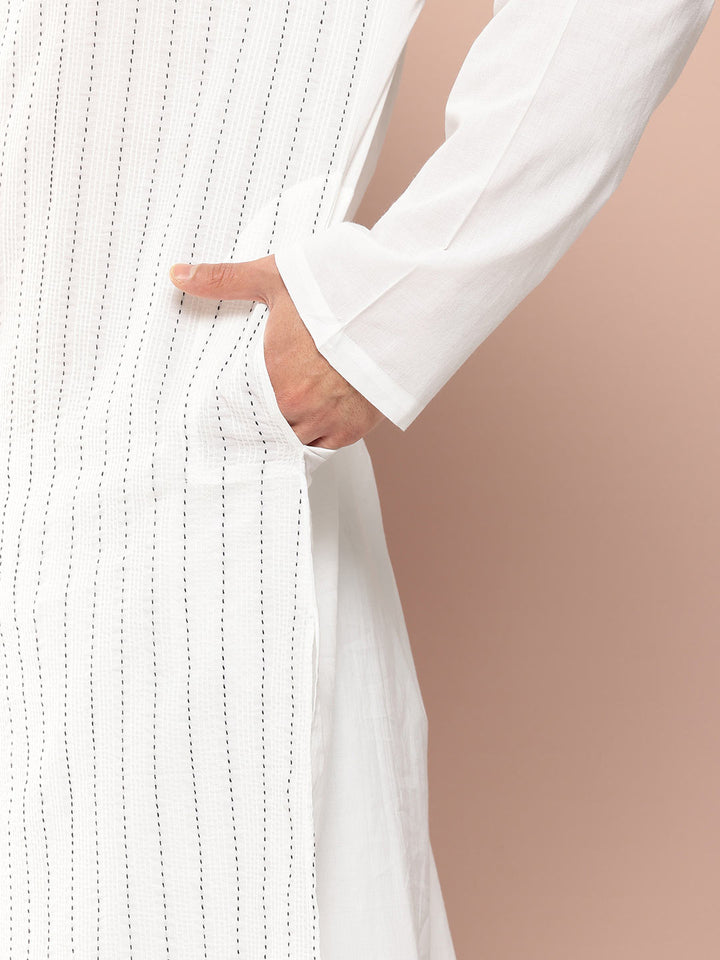 Men's White Cotton Kurta with Pintex Design, Paired with Pyjama