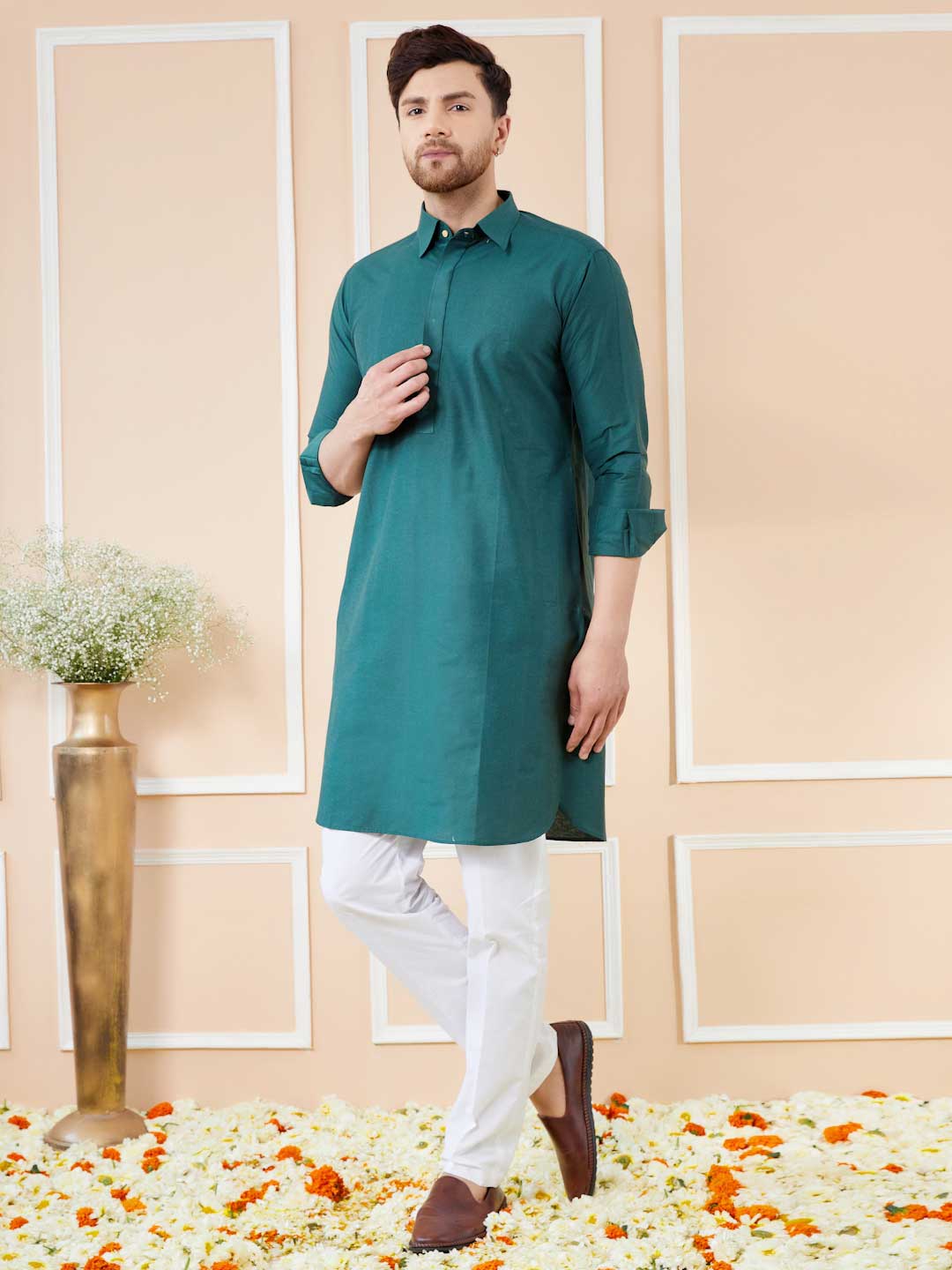 Green Cotton Solid Pathani Kurta with Pyjama