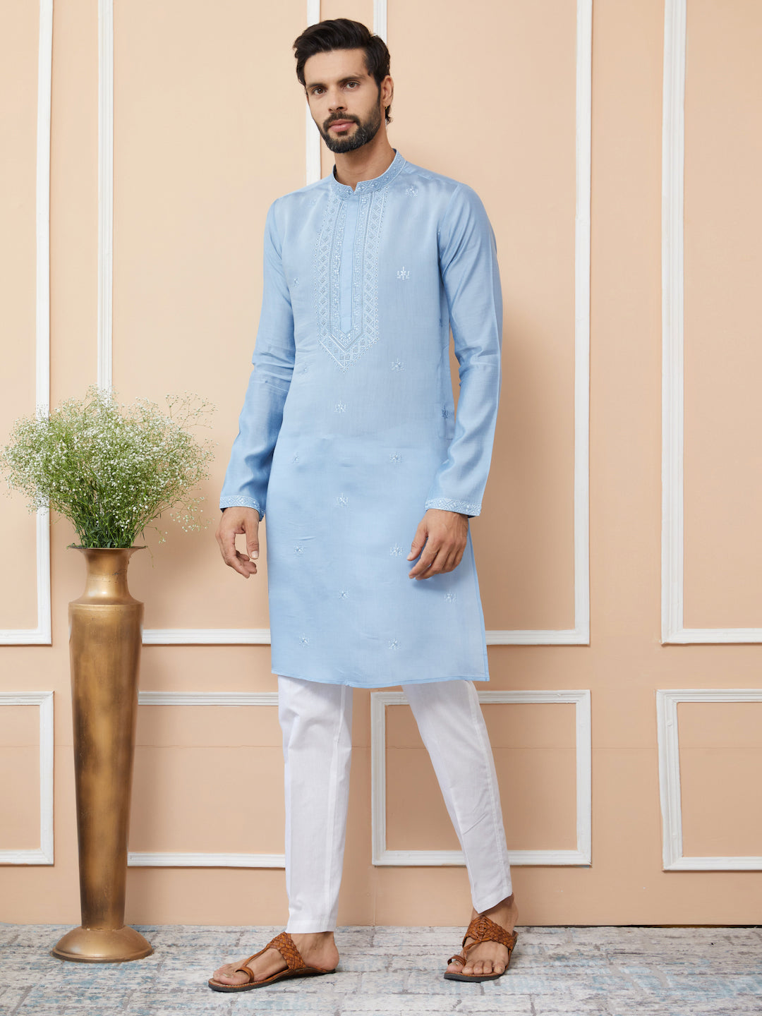 Light Blue Embroidered Chanderi Silk Straight Kurta