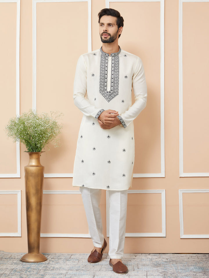 Cream Embroidered Chanderi Silk Straight Kurta