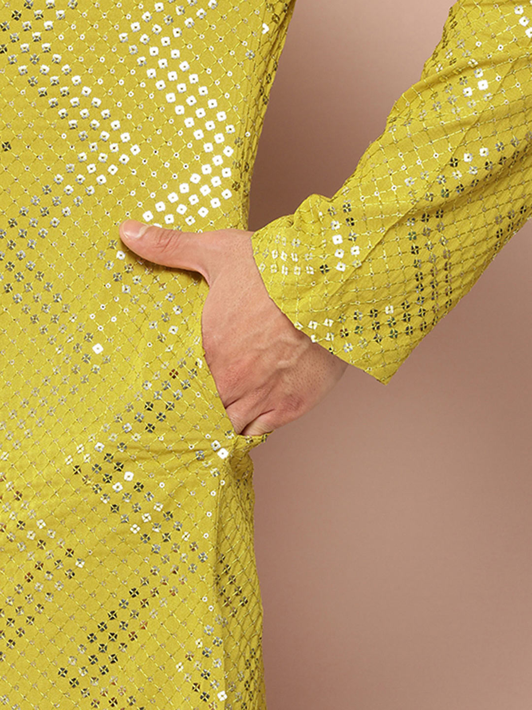 Men's Lime Green Sequin Embroidered Rayon Kurta, Paired with Pyjama