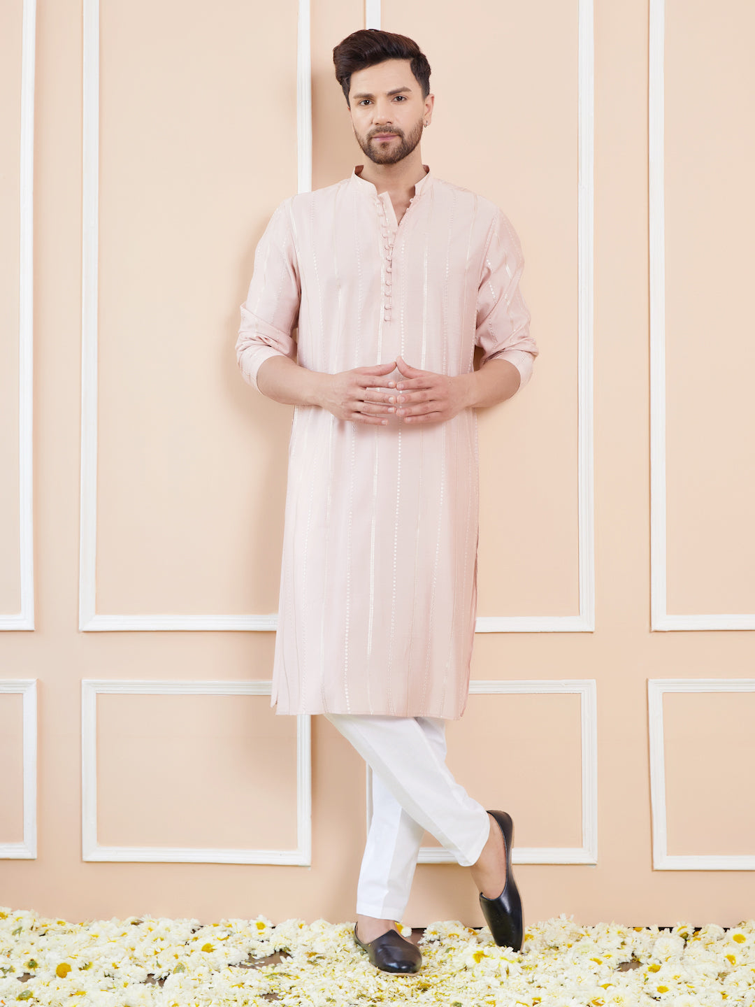 Men Pink and Gold Sequins Embroidered Chanderi Silk Straight Kurta With Pyjama