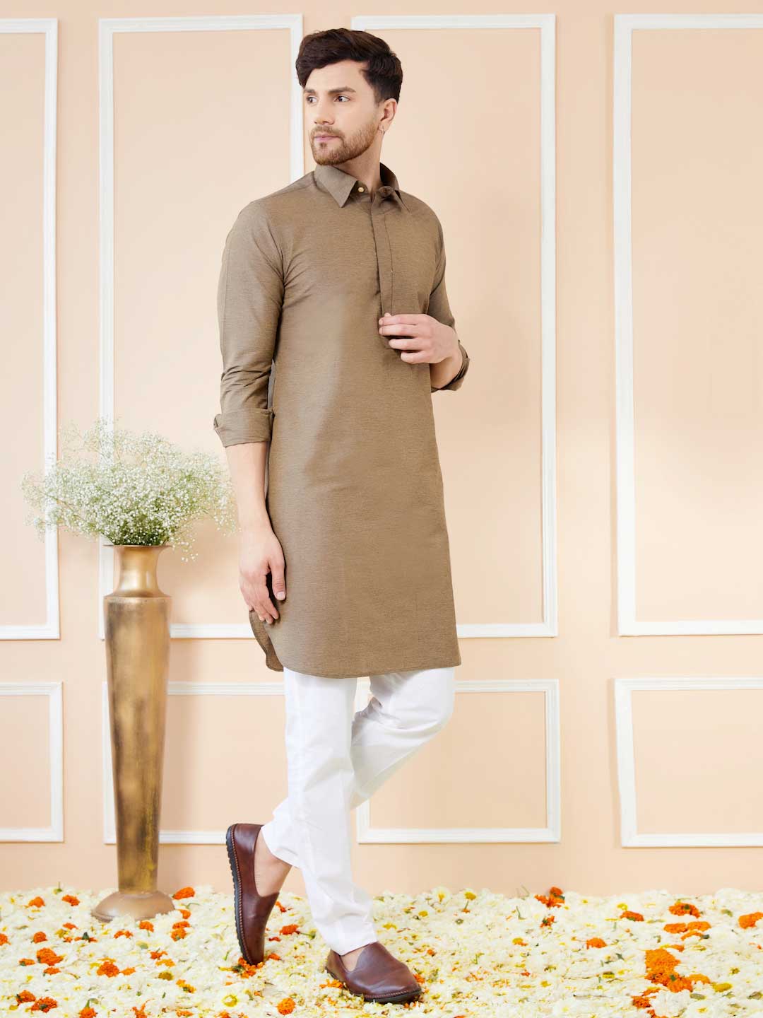 Brown Cotton Solid Pathani Kurta with Pyjama