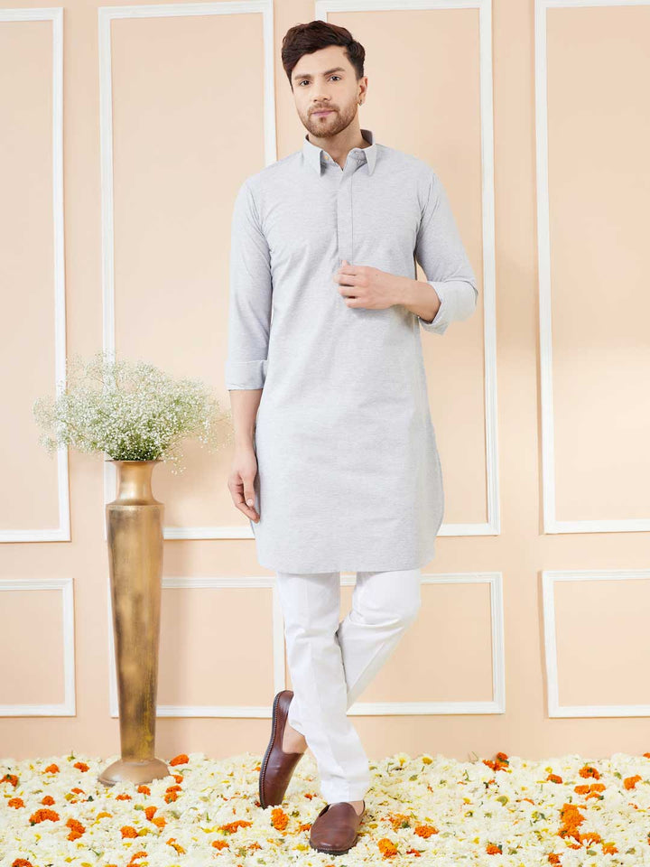 Grey Cotton Solid Pathani Kurta with Pyjama