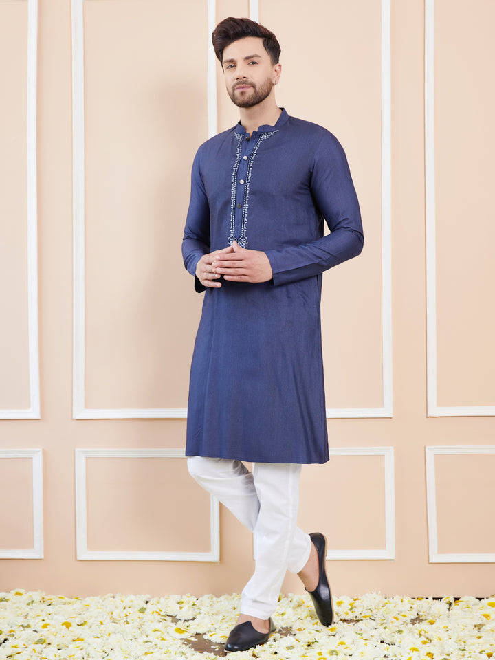 Blue Cotton Solid Straight Kurta with Embroidered Neckline