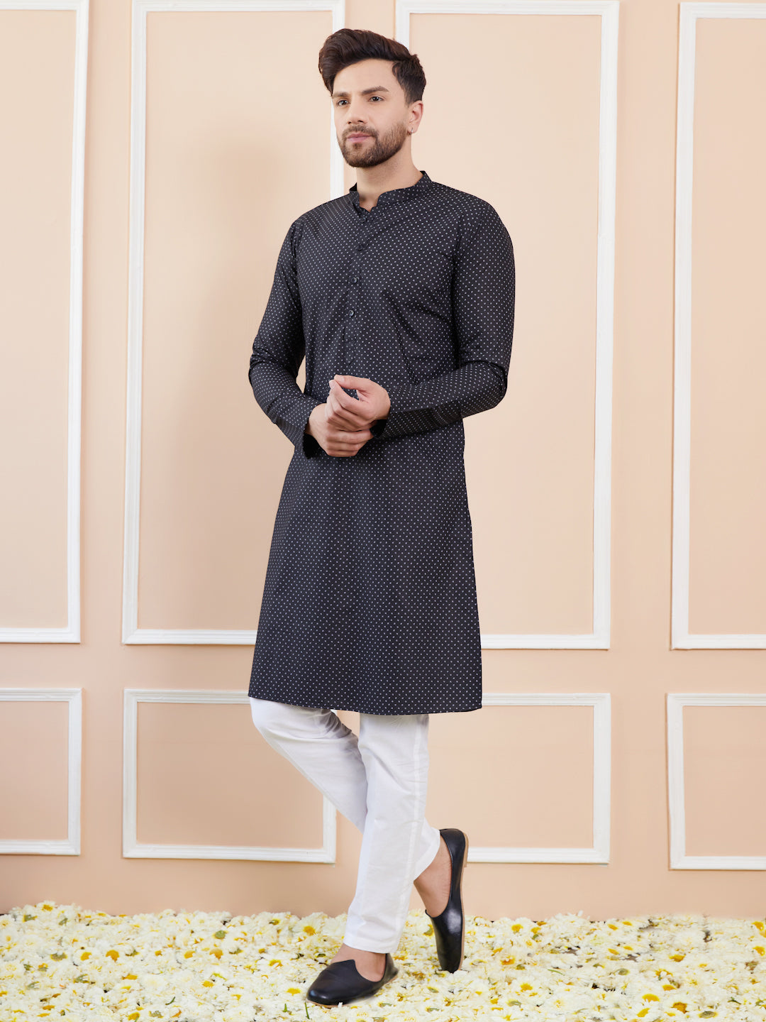 Black Printed Cotton Straight Kurta