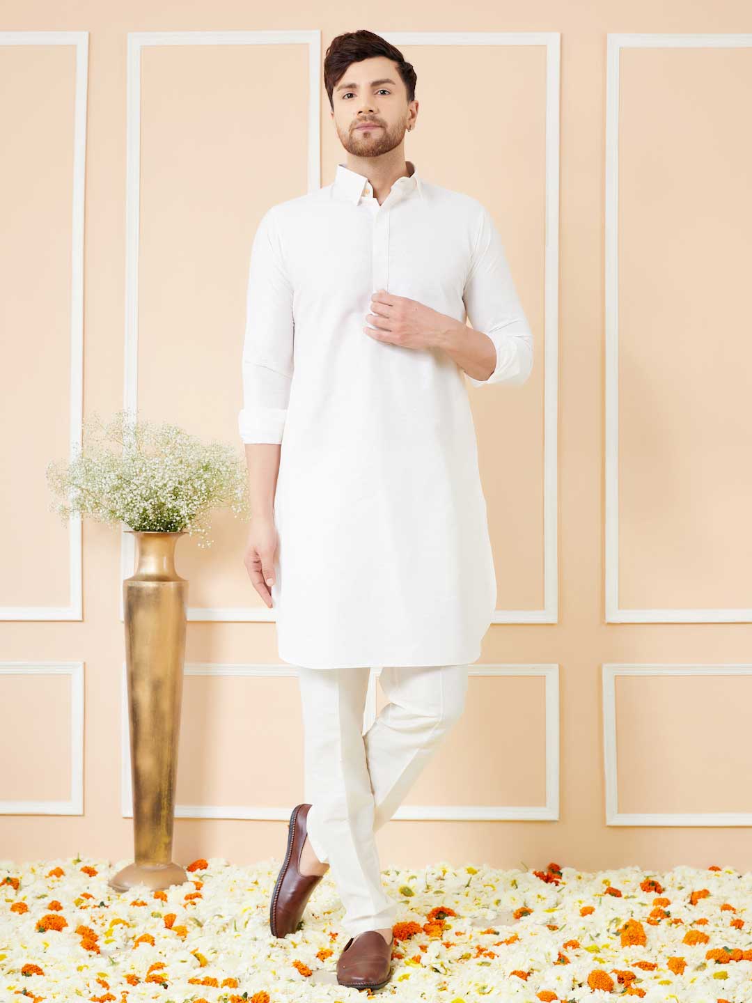 Off White Cotton Solid Pathani Kurta with Pyjama