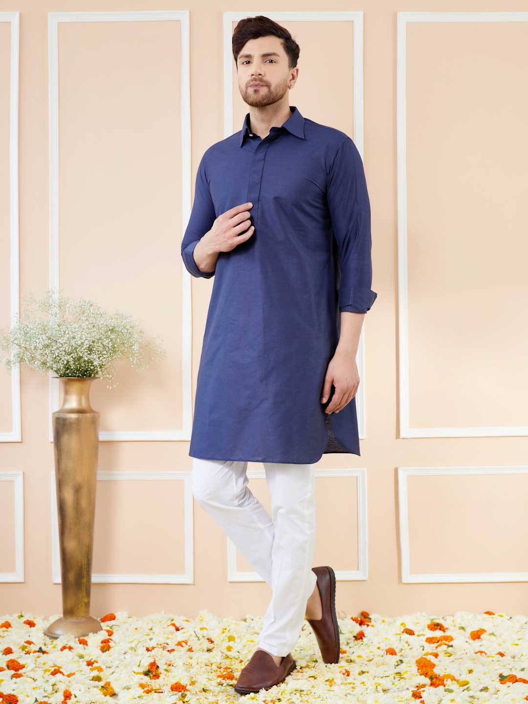 Navy Blue Cotton Solid Pathani Kurta with Pyjama