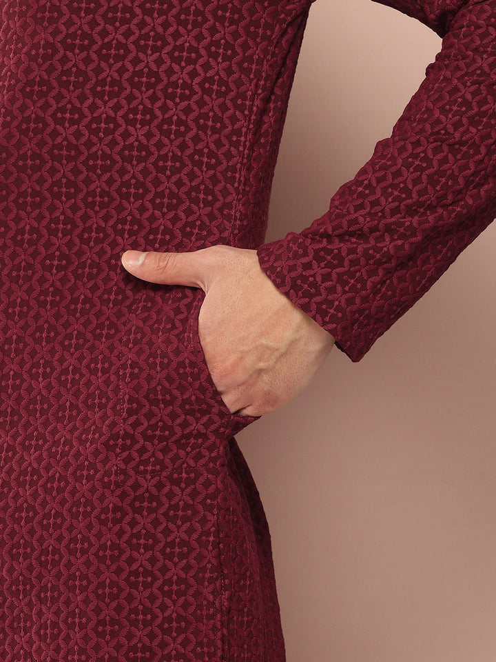 Men’s Maroon Rayon Kurta with Embroidered Chikankari, Paired with Pyjama