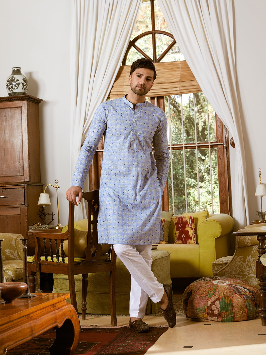 Leaf Printed Pure Cotton Straight Kurta with Pyjama