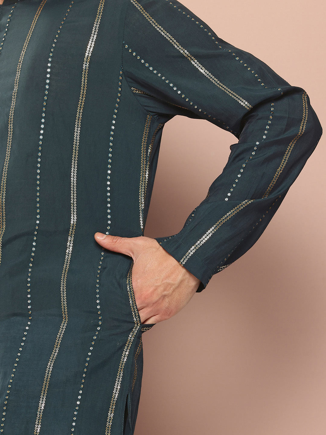 Dark Blue Chanderi Silk Kurta with Sequin Embroidery, Paired with Pyjama