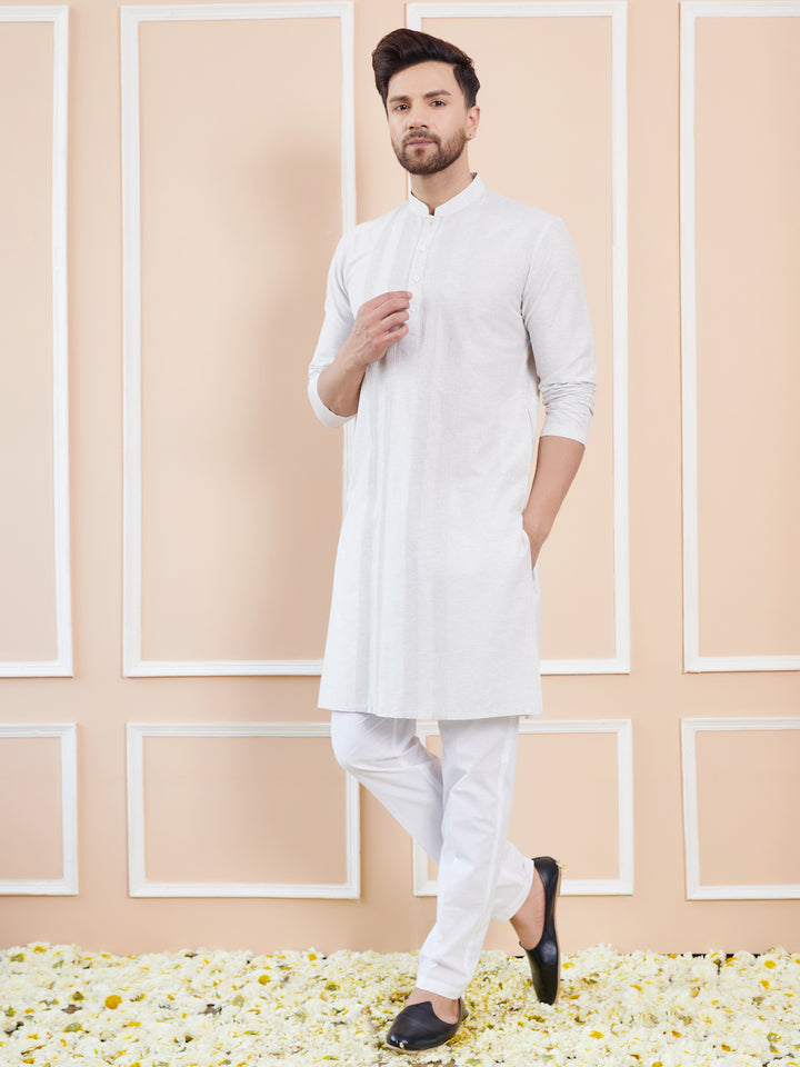 Men Off White Pintex Worked Cotton Silk Straight Kurta