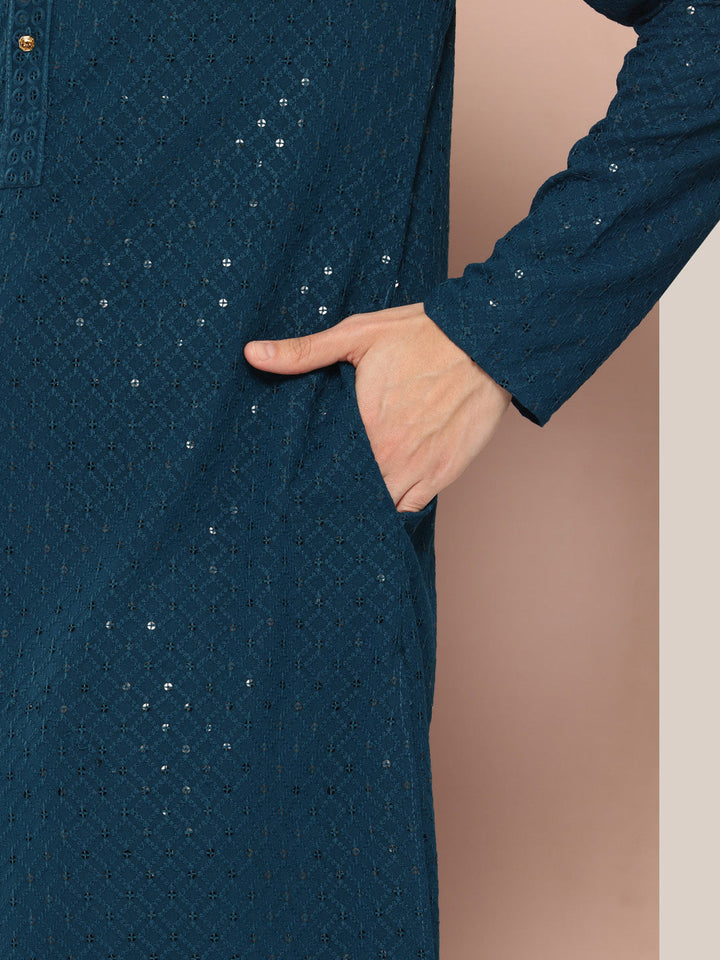 Men's Dark Blue Sequin Embroidered Rayon Kurta, Paired with Pyjama